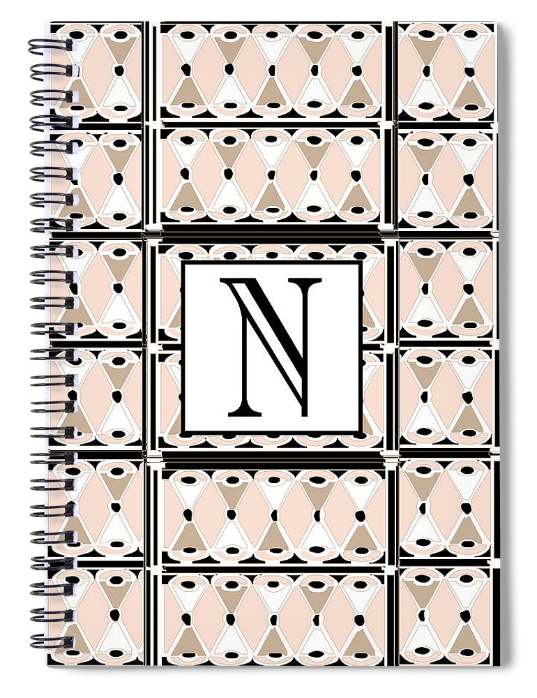 Art Deco Spiral Notebook featuring the digital art Pink Champagne Deco Monogram N by Cecely Bloom