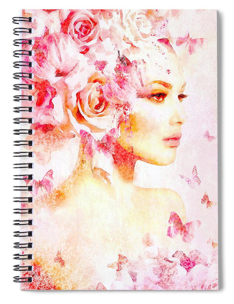 Pink Spiral Notebook featuring the digital art Pink Floral Nymph in watercolor by Lilia D