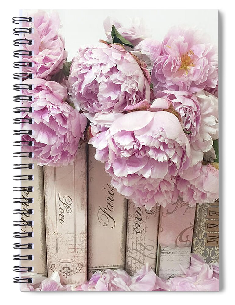 Peonies Spiral Notebook featuring the photograph Pink Peonies Paris Books Romantic Shabby Chic Wall Art Home Decor by Kathy Fornal