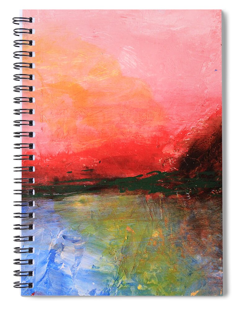 Pink Spiral Notebook featuring the painting Pink Sky over Water Abstract by April Burton