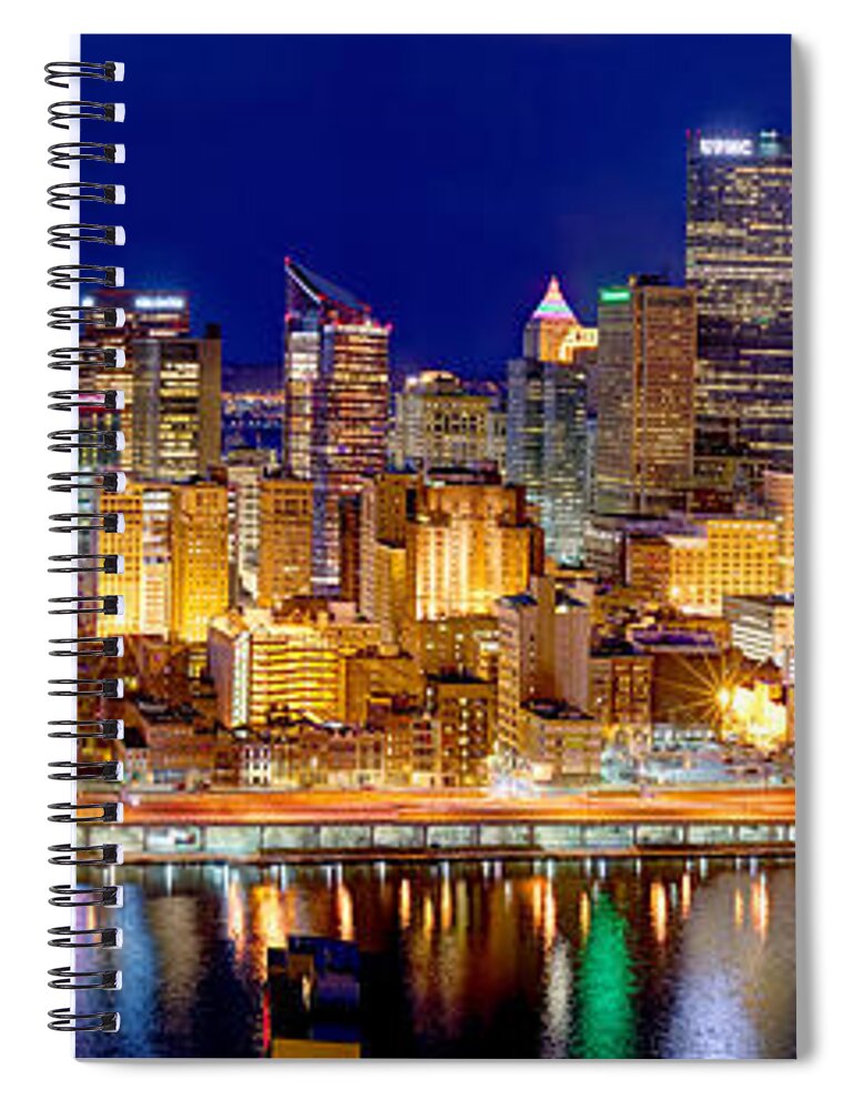 Pittsburgh Skyline At Night Spiral Notebook featuring the photograph Pittsburgh Pennsylvania Skyline at Night Panorama by Jon Holiday