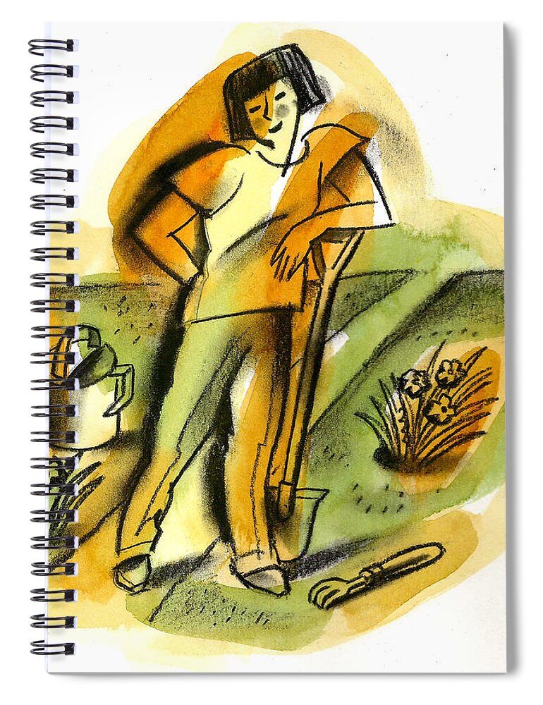  Cultivating Cultivation Drawing Enjoying Entertainment Female Free Time Full Body Full Length Garden Gardening Hobby Illustration Illustration And Painting Lean Leaning Leisure Leisure Activity Leisure Time Lifestyle Mid Adult Nurture One One Person Only Women Pastime Path People Person Plant Planting Pleasure Recreation Shovel Smile Smiling Square Image Standing Tool Watering Woman Spiral Notebook featuring the painting Planting by Leon Zernitsky