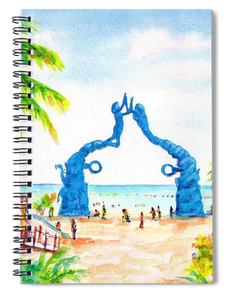 Playa Del Carmen Spiral Notebook featuring the painting Playa del Carmen Portal Maya Statue by Carlin Blahnik CarlinArtWatercolor