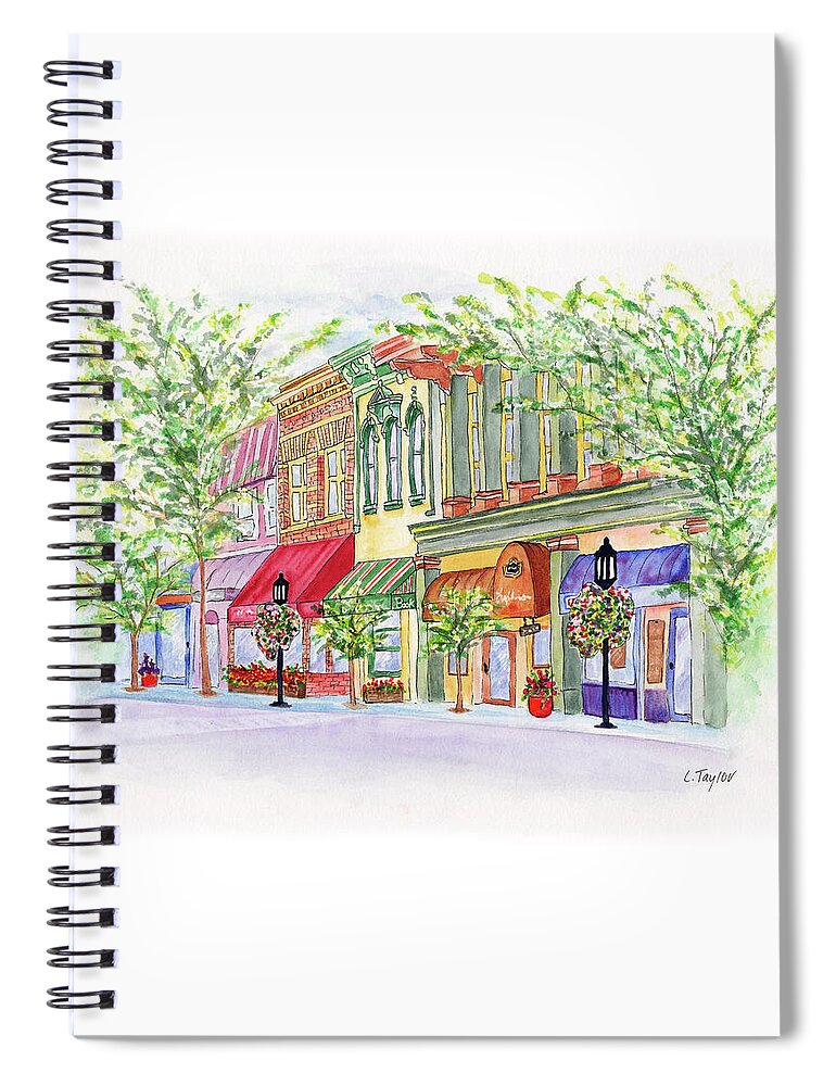 Ashland Oregon Spiral Notebook featuring the painting Plaza Shops by Lori Taylor