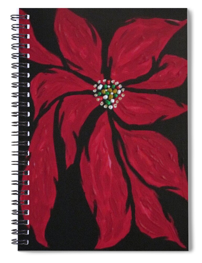 Abstract Poinsettia Christmas Holiday Season Flower Joy Happy Black Red White Green Gold Spiral Notebook featuring the painting Poinsettia - The Season by Sharyn Winters