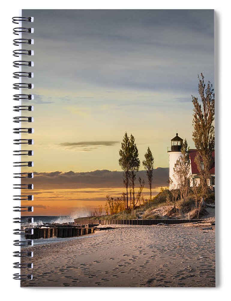 Art Spiral Notebook featuring the photograph Point Betsie Lighthouse at Sunset on Lake Michigan by Randall Nyhof