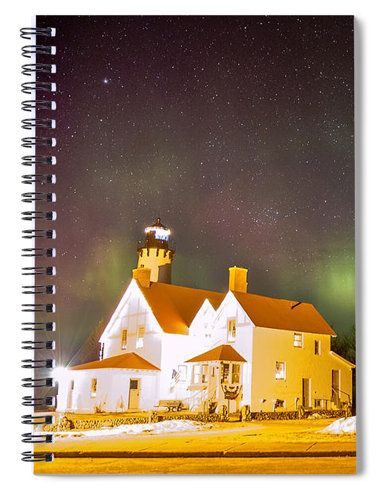 Northern Lights Spiral Notebook featuring the photograph Point Iroquois Lighthouse Northern Lights 7469 by Norris Seward