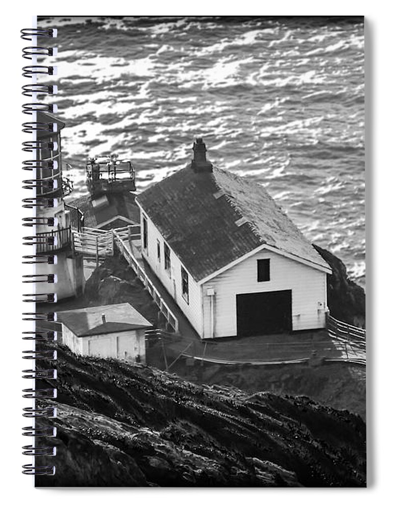 Point Reyes Lighthouse Bw Spiral Notebook featuring the photograph Point Reyes Lighthouse BW by Bonnie Follett