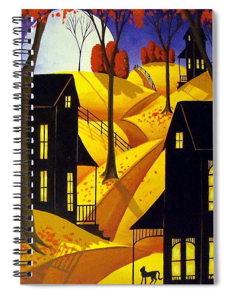 Folk Art Spiral Notebook featuring the painting Porch Kitty - folk art landscape cat by Debbie Criswell