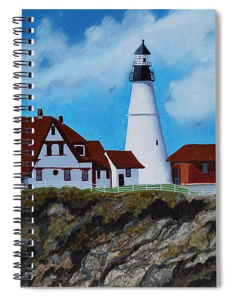 Barrieloustark Spiral Notebook featuring the painting Portland Head Light in Maine Viewed from the South by Barrie Stark