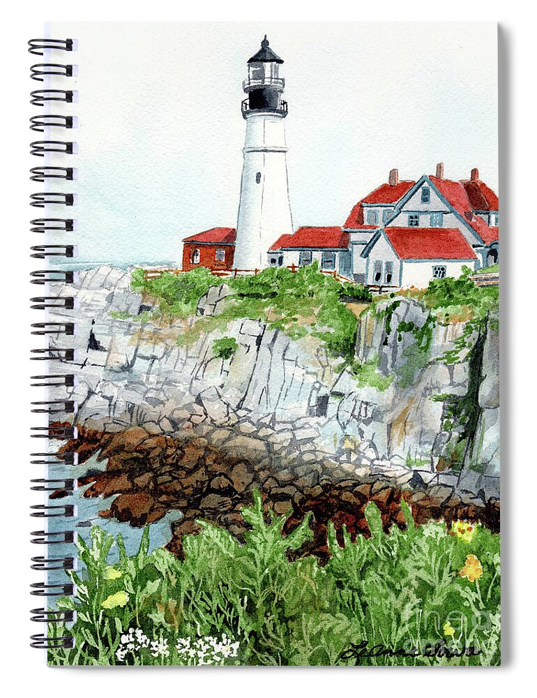 Lighthouses Spiral Notebook featuring the painting Portland Head Light, Lighthouse Painting, Lighthouse Print, Maine Lighthouse, by LeAnne Sowa