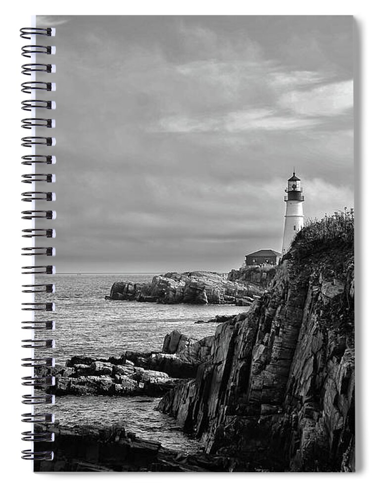 Portland Spiral Notebook featuring the photograph Portland Head Lighthouse - Cape Elizabeth Maine in Black and White by Bill Cannon