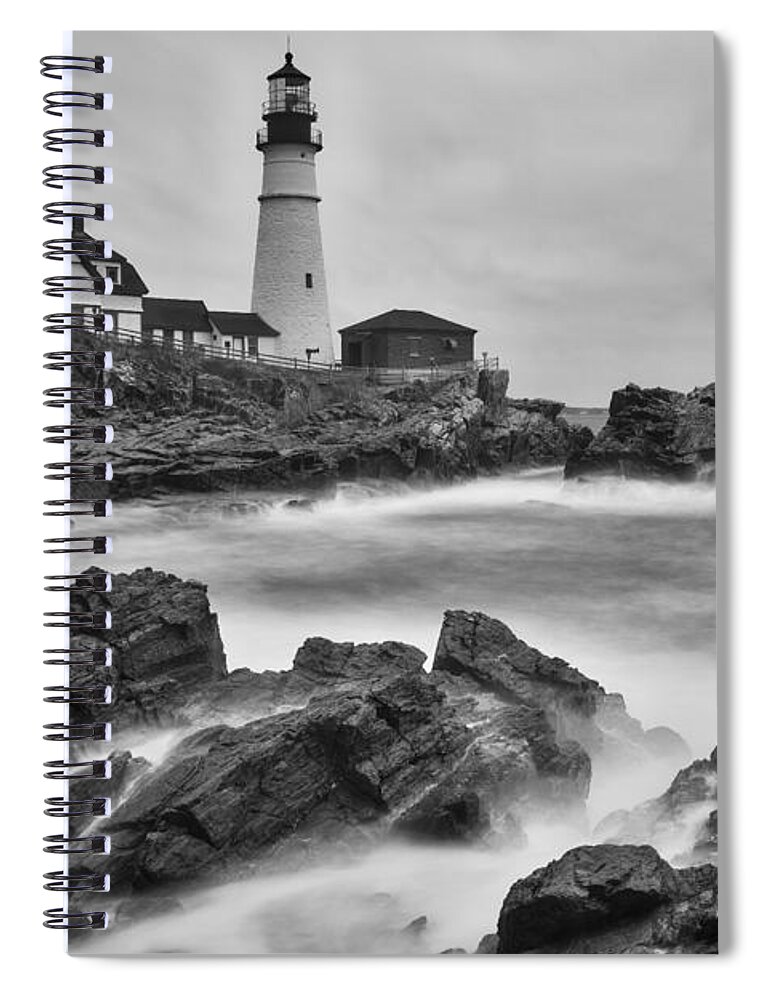 Maine Spiral Notebook featuring the photograph Portland Head Monochrome by Darren White