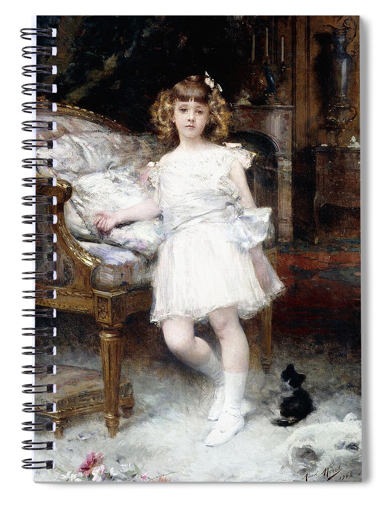 Cat Spiral Notebook featuring the painting Portrait of Janine Potin with a Kitten by Aime Nicolas Morot