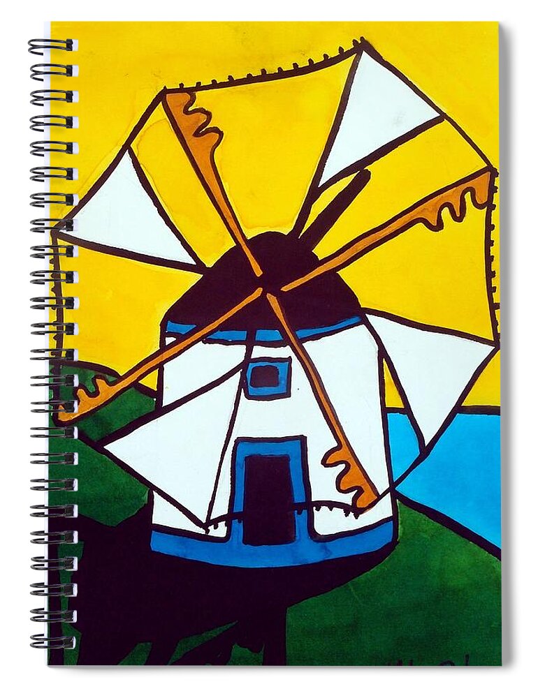 Windmill Spiral Notebook featuring the painting Portuguese Singing Windmill by Dora Hathazi Mendes by Dora Hathazi Mendes