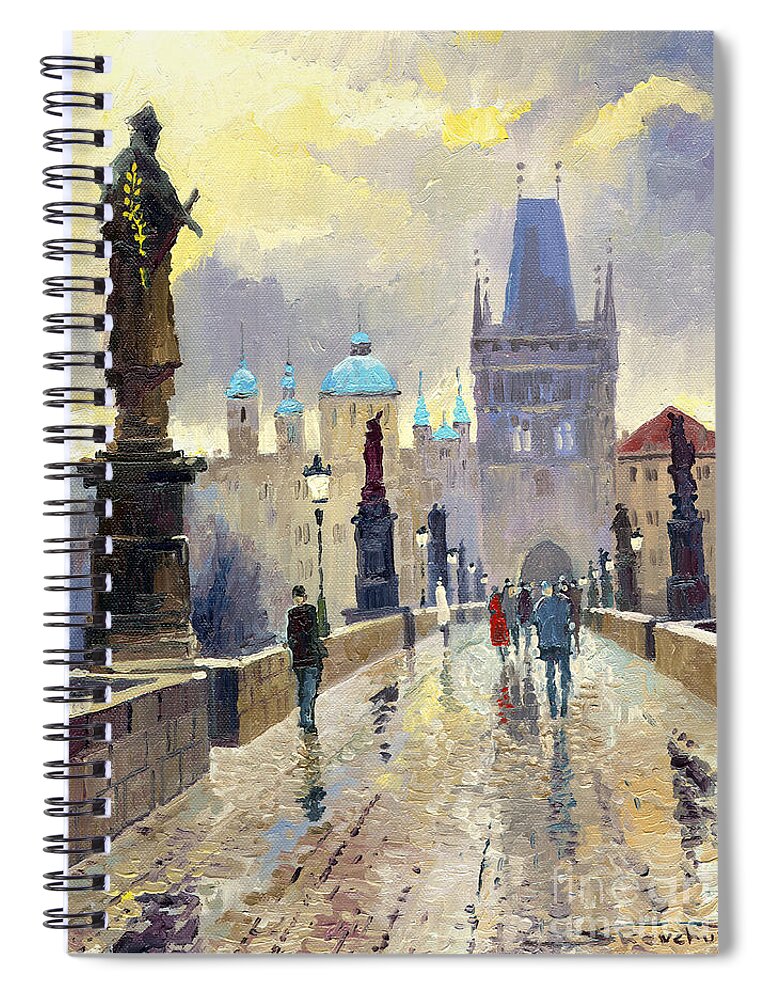 Oil On Canvas Spiral Notebook featuring the painting Prague Charles Bridge 02 by Yuriy Shevchuk