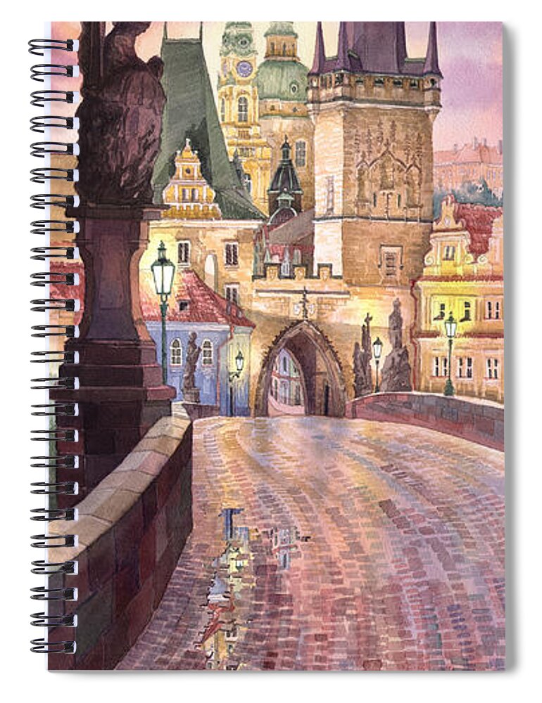 Watercolour Spiral Notebook featuring the painting Prague Charles Bridge Night Light 1 by Yuriy Shevchuk