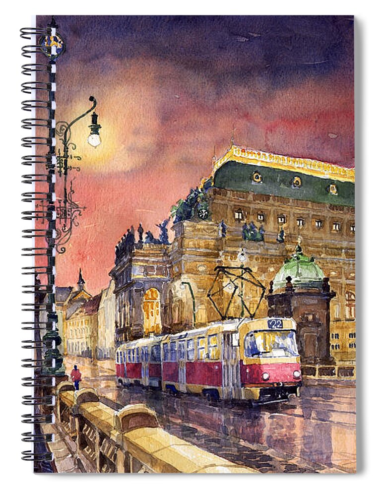 Bridge Spiral Notebook featuring the painting Prague Night Tram National Theatre by Yuriy Shevchuk