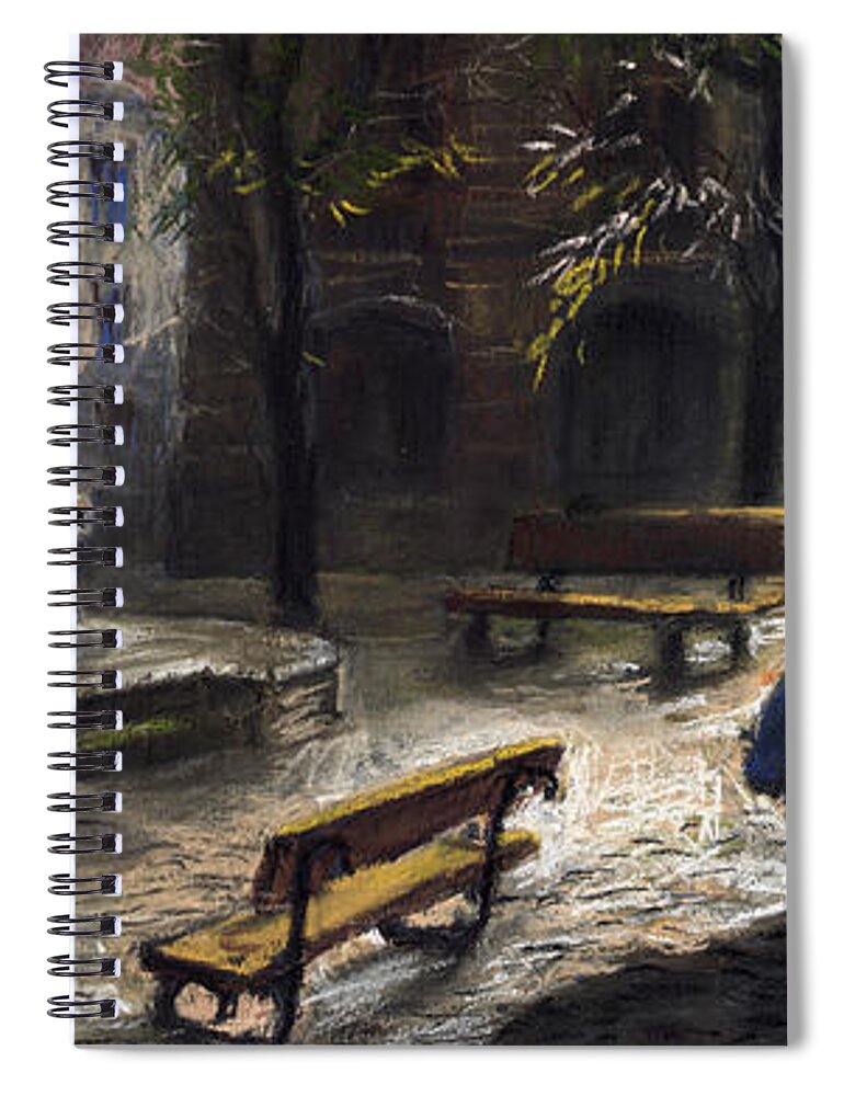 Prague Spiral Notebook featuring the painting Prague Old Fountain by Yuriy Shevchuk