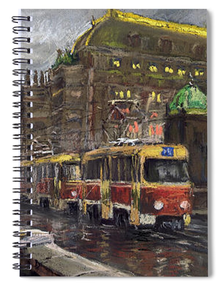 Prague Spiral Notebook featuring the painting Prague Tram Legii Bridge National Theatre by Yuriy Shevchuk