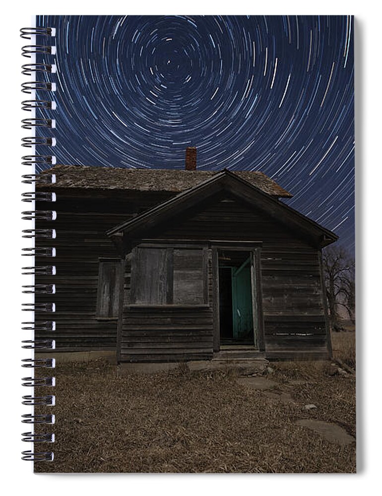 #108 #aaron J. Groen #abandoned #abandoned House #astrophotography #canon #earth #homegroen Photography #long Exposure #march #moon Spiral Notebook featuring the photograph Prairie Trails by Aaron J Groen