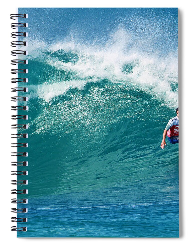 Pipeline Spiral Notebook featuring the photograph Pro Surfer Gabriel Medina Surfing in the Pipeline Masters Contes by Paul Topp