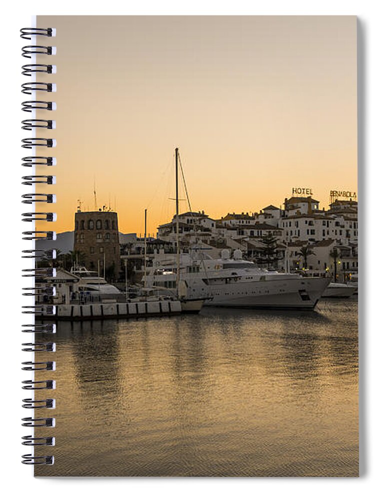 Puerto Banus Spiral Notebook featuring the digital art Puerto Banus in Marbella at sunset. by Perry Van Munster