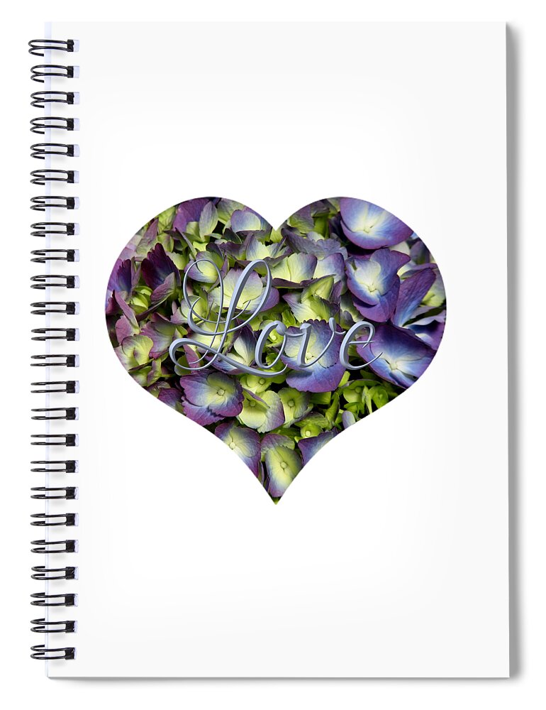 Purple And Cream Hydrangea Flowers Heart With Love Spiral Notebook featuring the photograph Purple and Cream Hydrangea Flowers Heart with Love by Rose Santuci-Sofranko