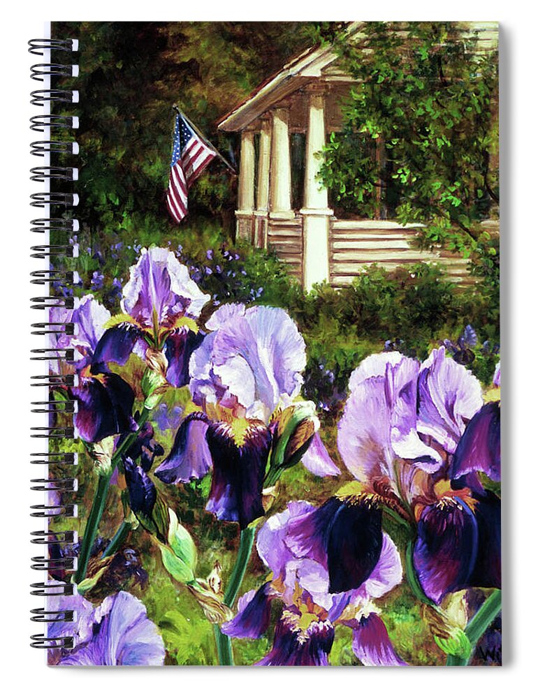 Iris Spiral Notebook featuring the painting Purple Irises by Marie Witte