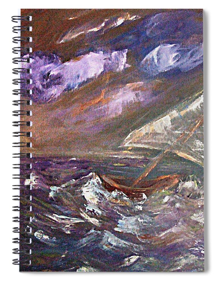 Katt Yanda Original Art Landscape Oil Painting Canvas Purple Sea Ocean Storm Waves Tipping Sailboat Dusk Sunset Spiral Notebook featuring the painting Purple Sea Storm by Katt Yanda