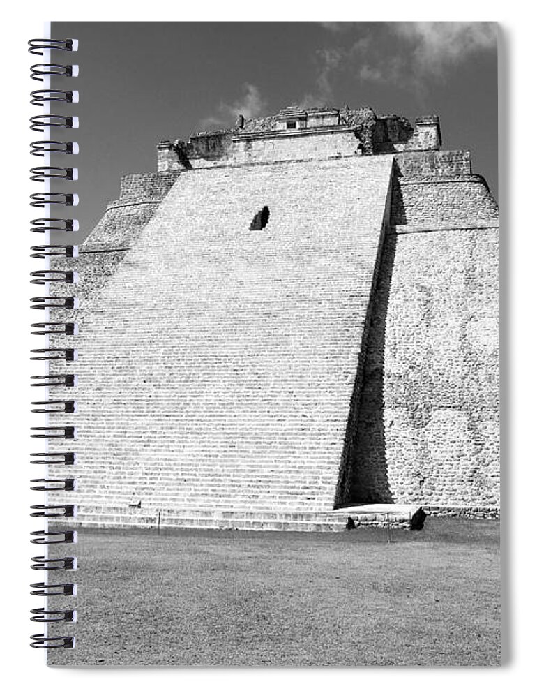 Travelpixpro Uxmal Spiral Notebook featuring the photograph Pyramid of the Magician at Uxmal Mexico Black and White by Shawn O'Brien