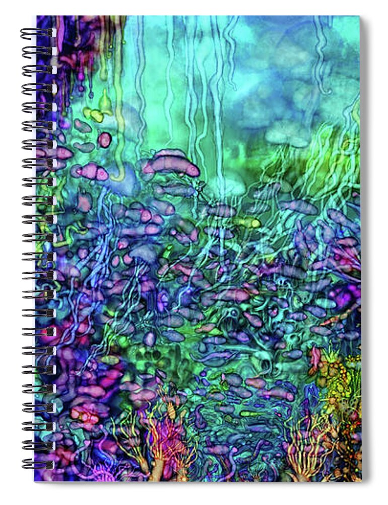 Coral Spiral Notebook featuring the digital art Qualia's Reef Fish and Jellyfish by Russell Kightley