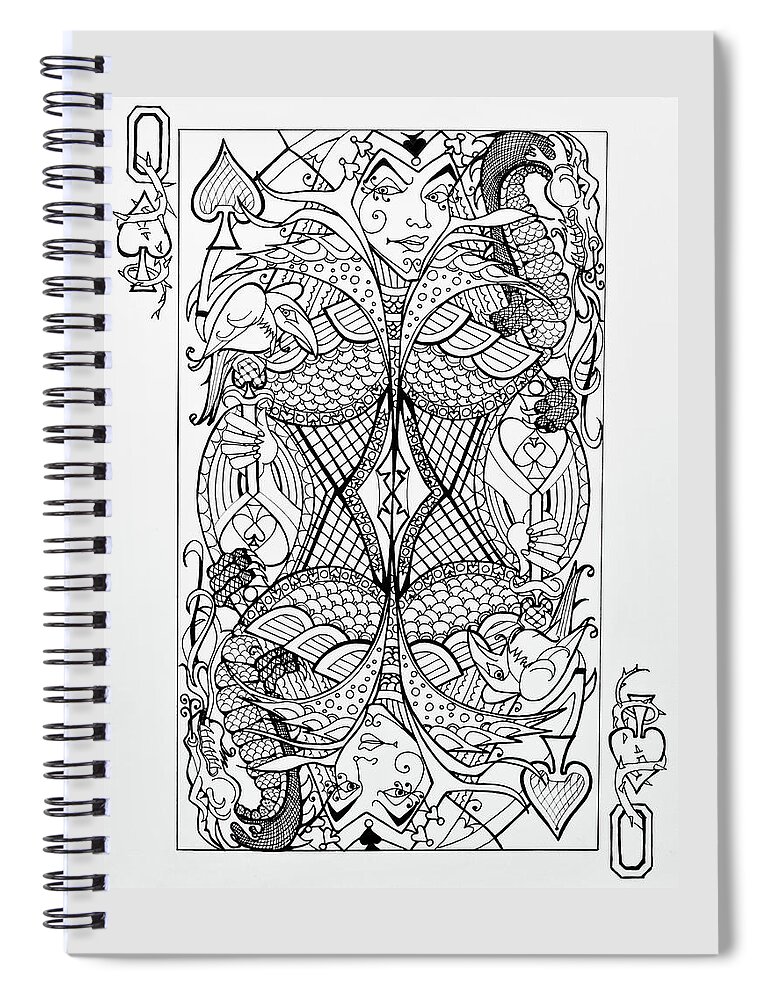 Queen Of Spades Spiral Notebook featuring the drawing Queen Of Spades by Jani Freimann