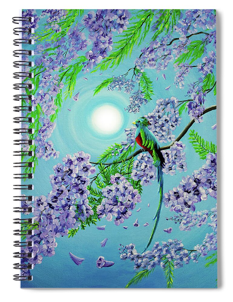 Quetzal Spiral Notebook featuring the painting Quetzal Bird in Jacaranda Tree by Laura Iverson