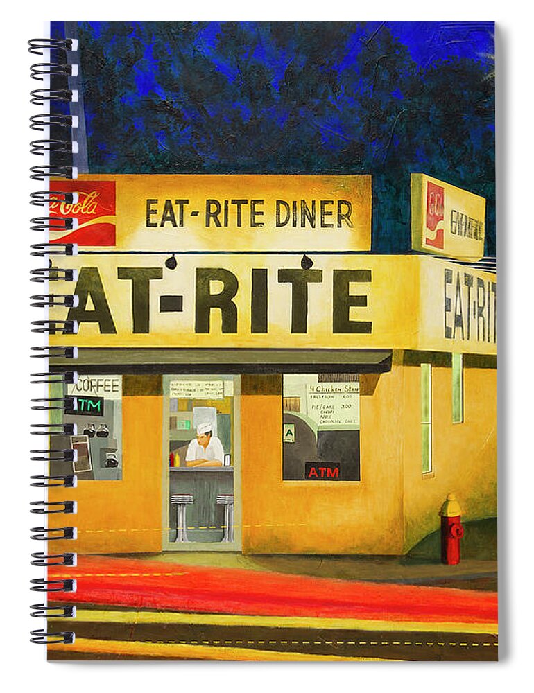 City Street Blur Spiral Notebook featuring the painting Quiet Night at Eat Rite Diner by Garry McMichael