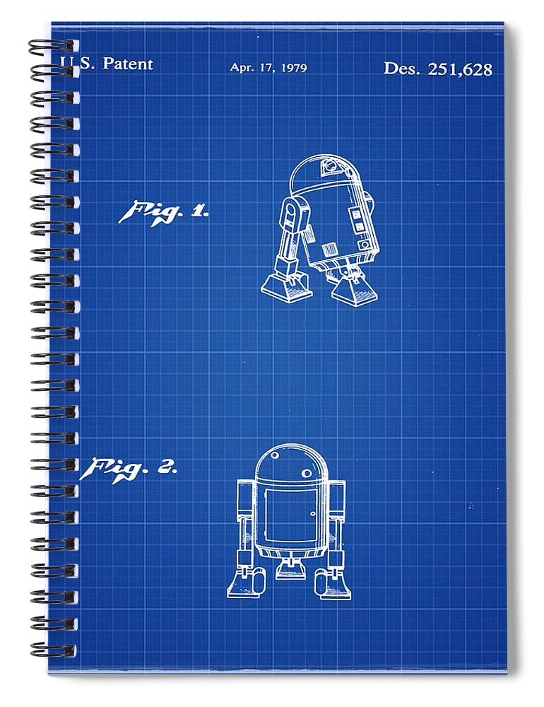 Starwars; C3p0; Patent; 1979; Robot; Star; Wars; Trek; Space; George; Lucas; Bill; Cannon; Photography; R2d2; Skywalker; Darth; Vader; Boba; Fett; Blue; Print; Blueprint Spiral Notebook featuring the photograph R2D2 Patent 1979 by Bill Cannon