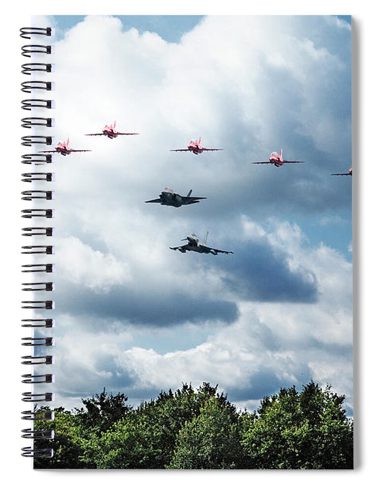 Red Arrows With F35 And Typhoons Spiral Notebook featuring the digital art RAF Fly By by Airpower Art