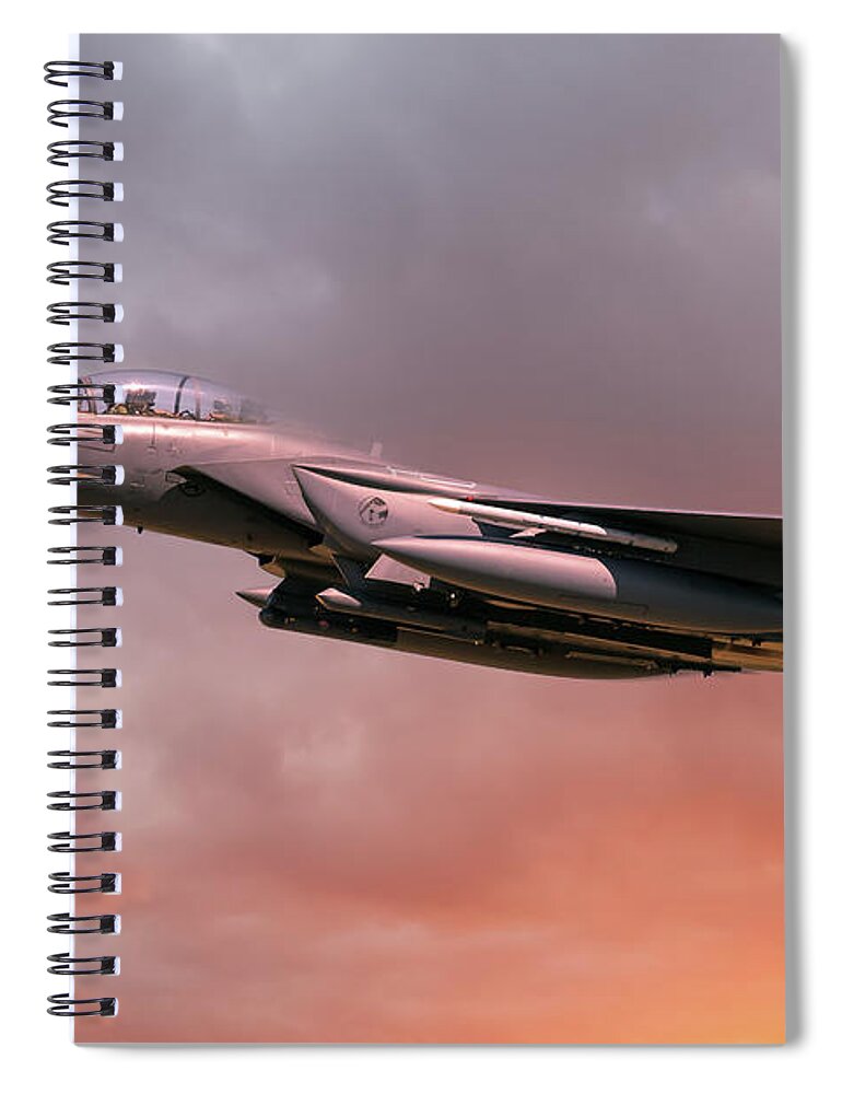 Usaf Spiral Notebook featuring the photograph RAF Lakenheath F-15 Eagle in flight with orange sun light by Simon Bratt
