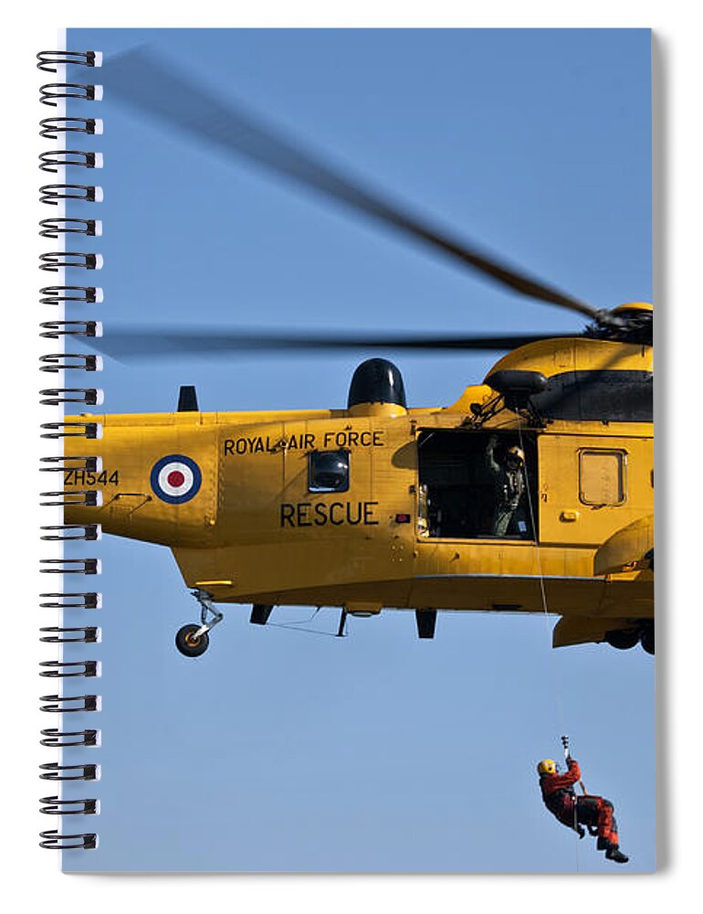Raf Sea King Helicopter; Armed Forces; Raf; Aviation; Helicopter; Search And Rescue; Display; Sky; Yellow; Emergency Service; Sea King Helicopter; Sea King; Rescue; Flight; Nautical; Aircraft; Historic; Raf Chivenor; Chivenor Spiral Notebook featuring the photograph RAF Sea King Search and Rescue Helicopter 2 by Steve Purnell