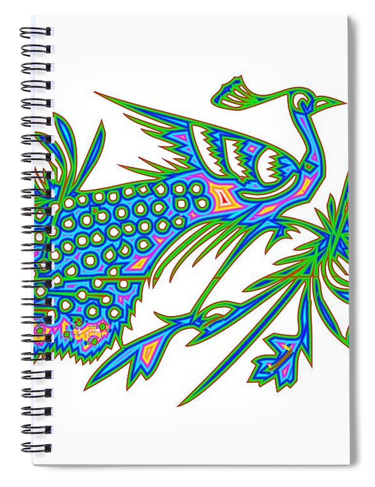 Rainbow Multicolored Peacock On A Branch Spiral Notebook featuring the digital art Rainbow Multicolored Peacock on a Branch by Rose Santuci-Sofranko