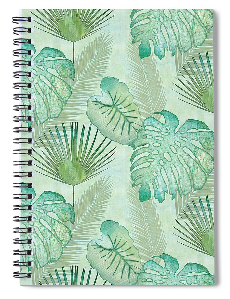 Rain Spiral Notebook featuring the painting Rainforest Tropical - Elephant Ear and Fan Palm Leaves Repeat Pattern by Audrey Jeanne Roberts