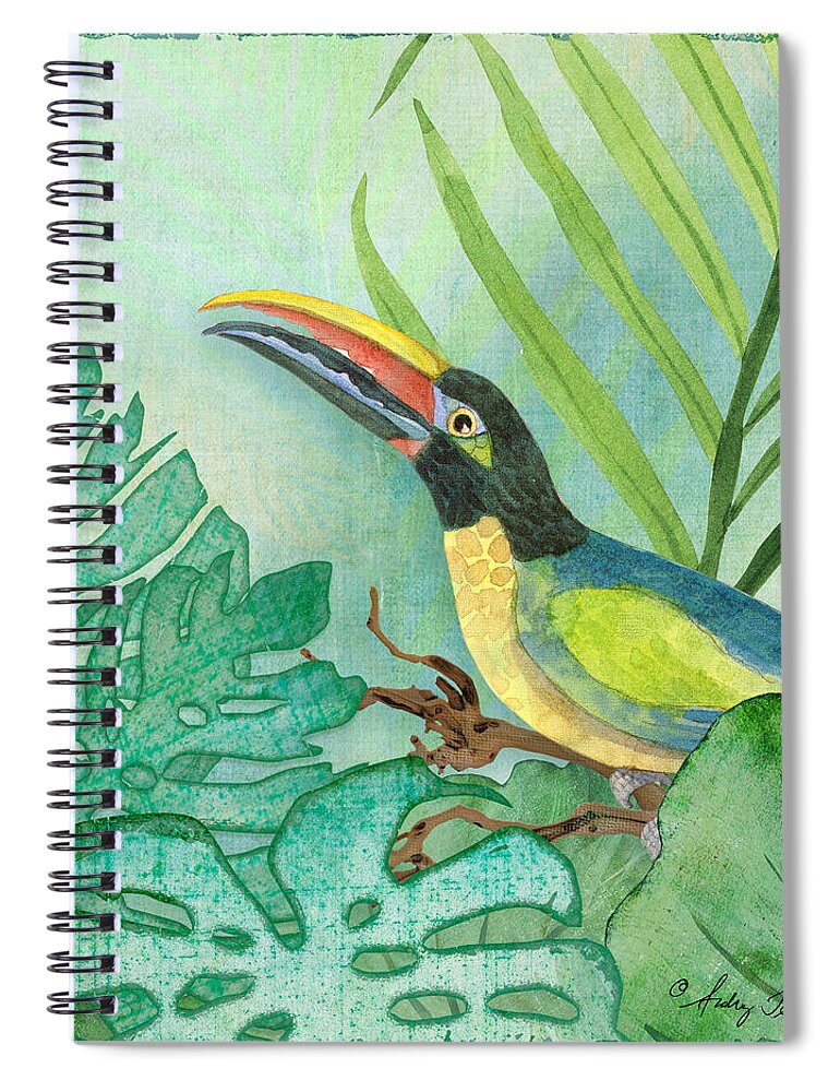 Square Format Spiral Notebook featuring the painting Rainforest Tropical - Jungle Toucan w Philodendron Elephant Ear and Palm Leaves 2 by Audrey Jeanne Roberts