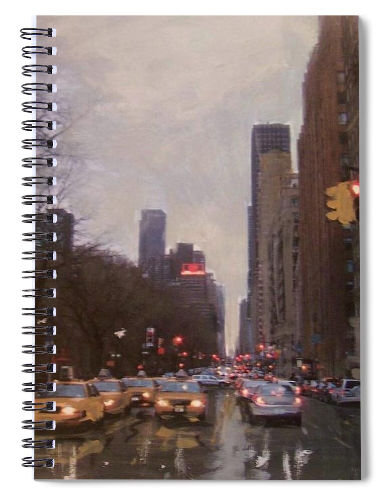 Rain Spiral Notebook featuring the painting Rainy City Street by Anita Burgermeister