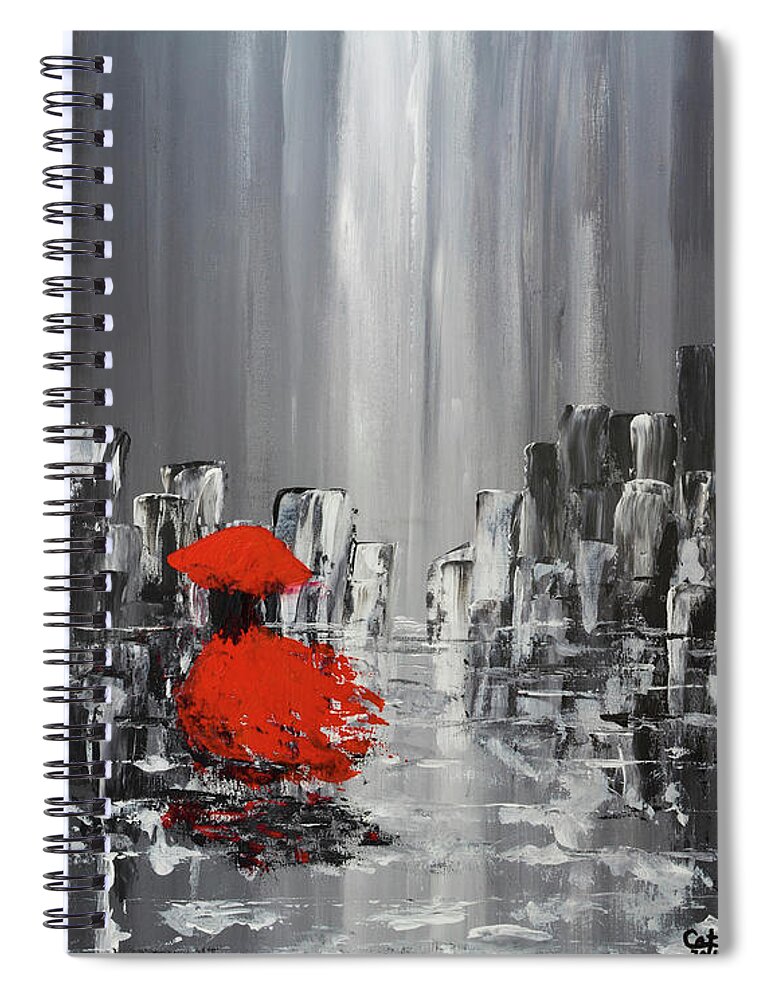 Abstract Painting Spiral Notebook featuring the painting Rainy Day City Girl In Red by Catalina Walker