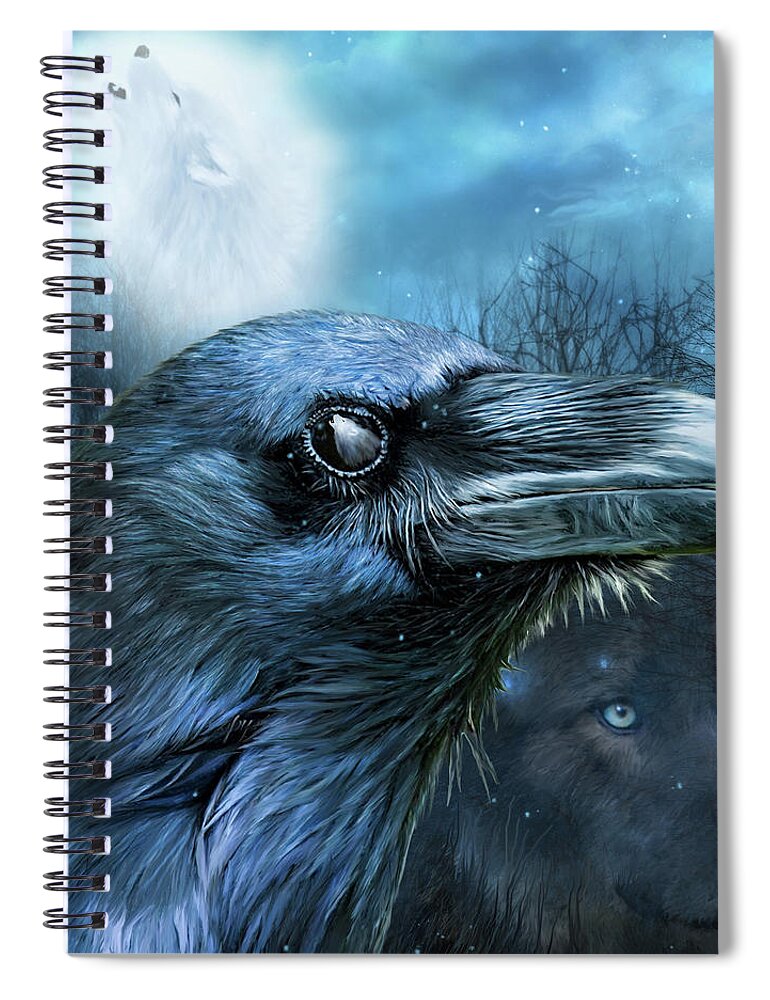 Carol Cavalaris Spiral Notebook featuring the mixed media Raven and Wolf - In The Moonlight by Carol Cavalaris