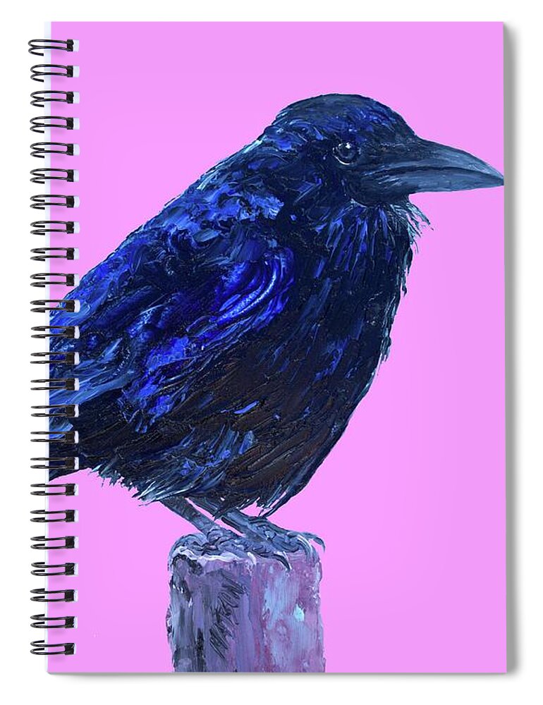 Raven Spiral Notebook featuring the painting Raven on pink background by Jan Matson