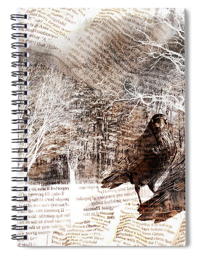 Forest Spiral Notebook featuring the photograph Ravens with Newsprint Overlay in a surreal Forest by Randall Nyhof