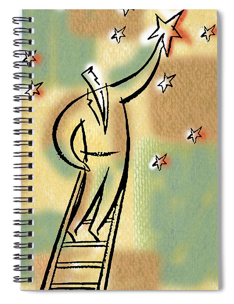  Accomplishment Achievement Amazement Ambition Answer Anticipation Aspiration Aspire Bravery Business Business People Businessman Corporate Ladder Courage Determination Development Drawing Dream Dreamer Dreaming Effort Growth Holding Hope Idealism Illustration Illustration And Painting Independence Inner Strength Insight Inspiration Reaching Resolution Reward Scaling Selecting Self-employed Sky Solution Standing Star Stargaze Stargazing Success Vertical Victory Vision Vocation Winning Wonder Spiral Notebook featuring the painting Reaching For The Star by Leon Zernitsky