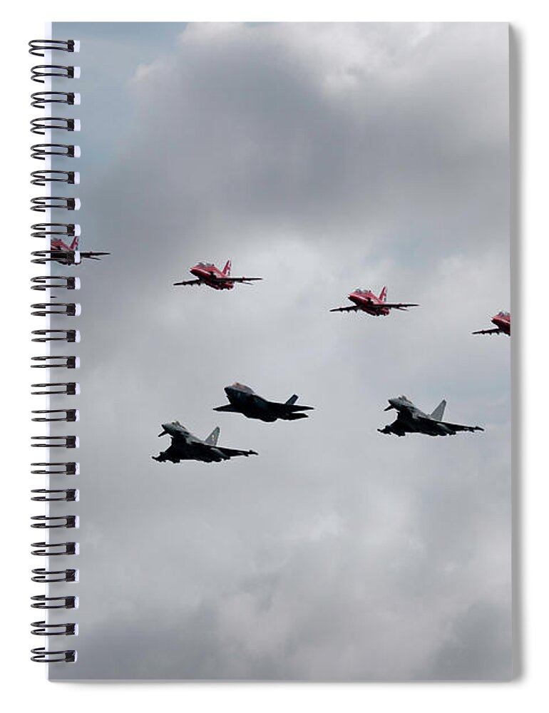 Red Arrows With F35 And Typhoons Spiral Notebook featuring the digital art Red Arrows F35 and Typhoons by Airpower Art