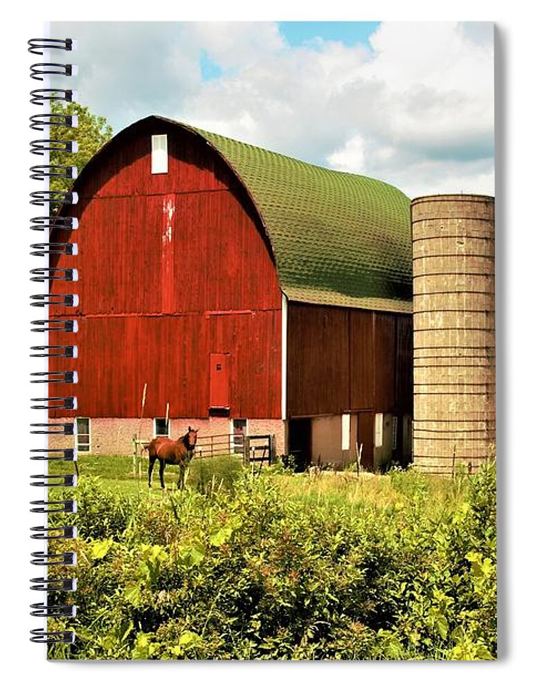 Barn Spiral Notebook featuring the photograph 0040 - Red Barn and Horses by Sheryl L Sutter